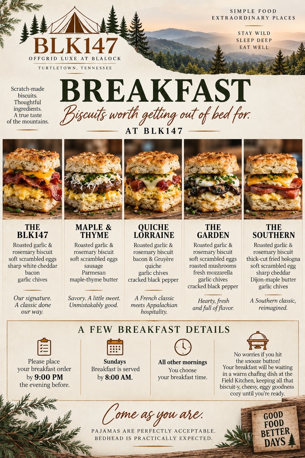 BLK147 breakfast menu — five biscuit sandwich options