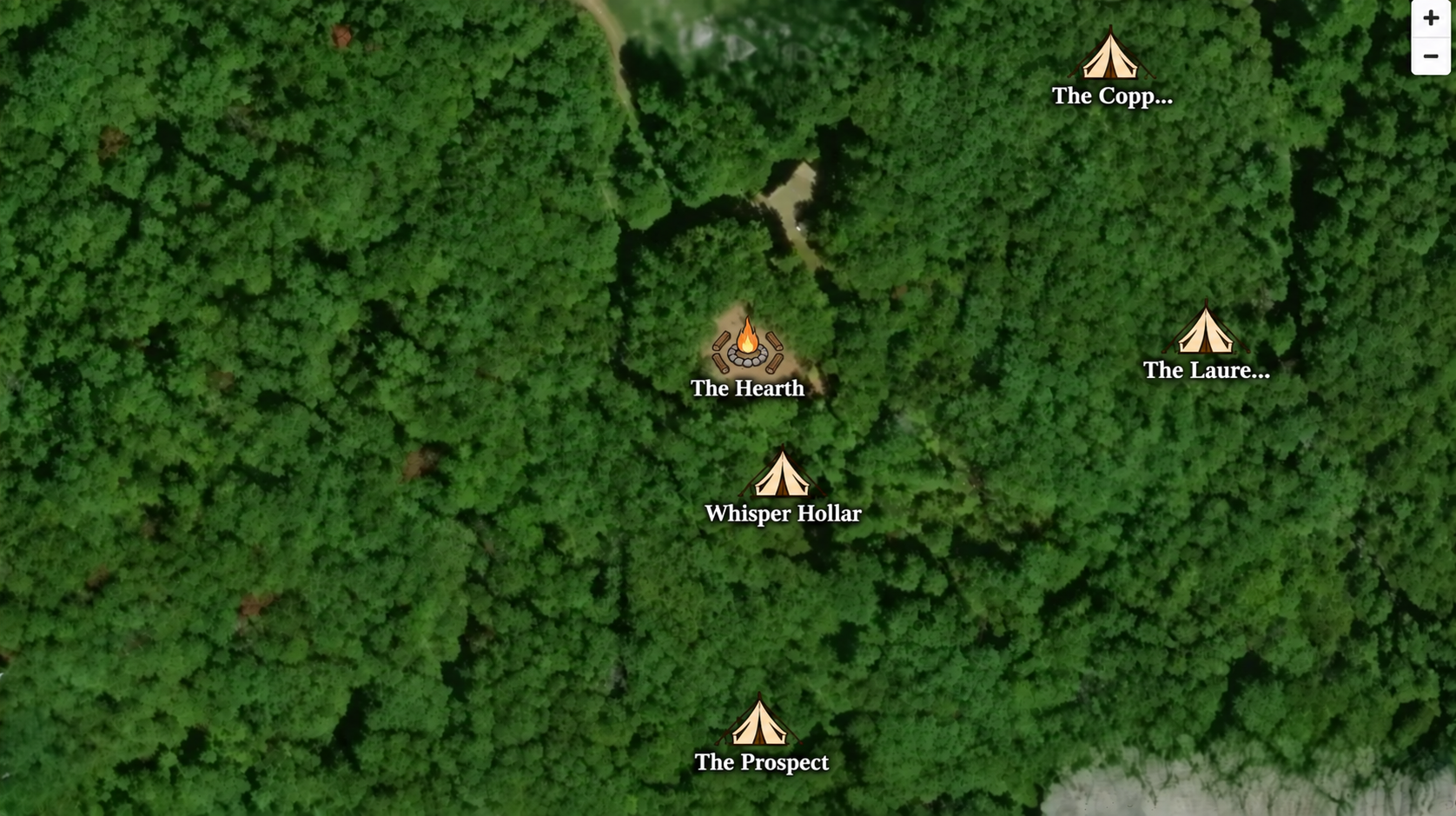 Aerial map of BLK147 showing The Hearth at center with The Prospect, Whisper Hollar, The Laurel, and The Copper tents nestled in the surrounding forest