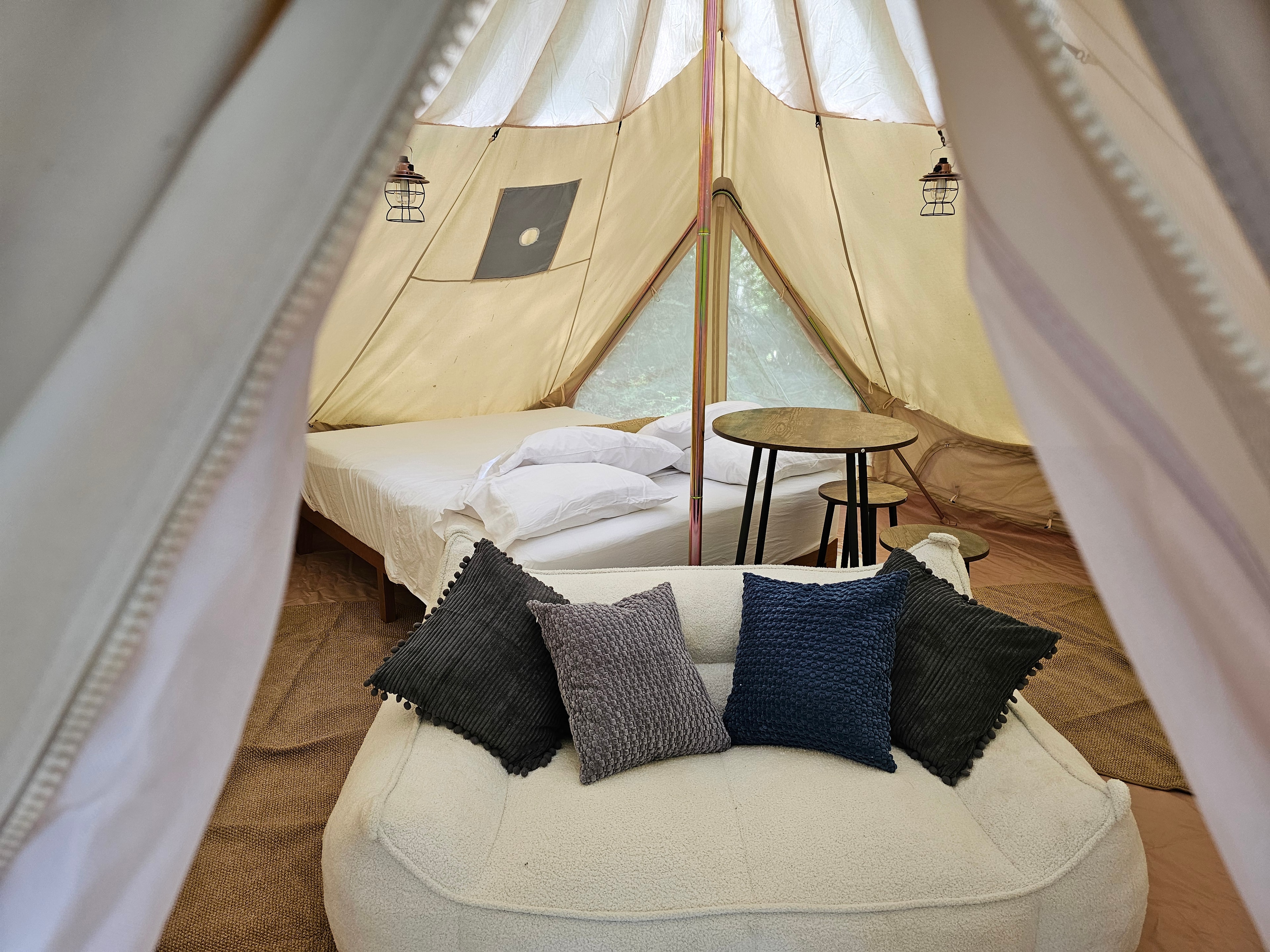 Glamping tent interior cozy seating