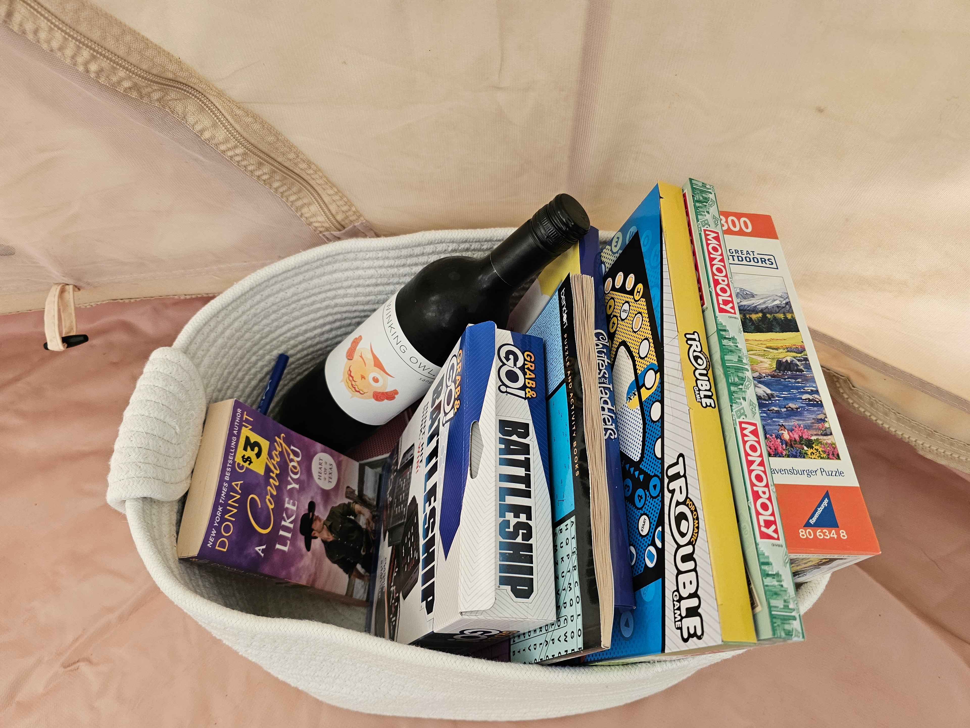 Books, wine, and games basket at The Prospect